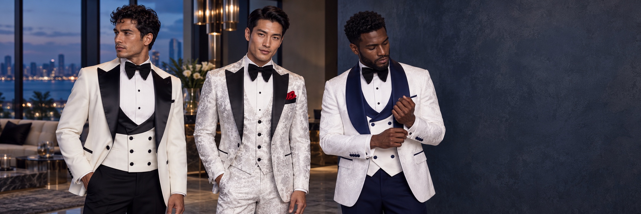 White Tuxedo Suits & Jackets — Black Peak, Silver Floral and Navy Shawl from Gentlemansguru.com Three models in white tuxedos with black peak lapels, silver floral jacquard and navy shawl lapels from Gentlemansguru.com