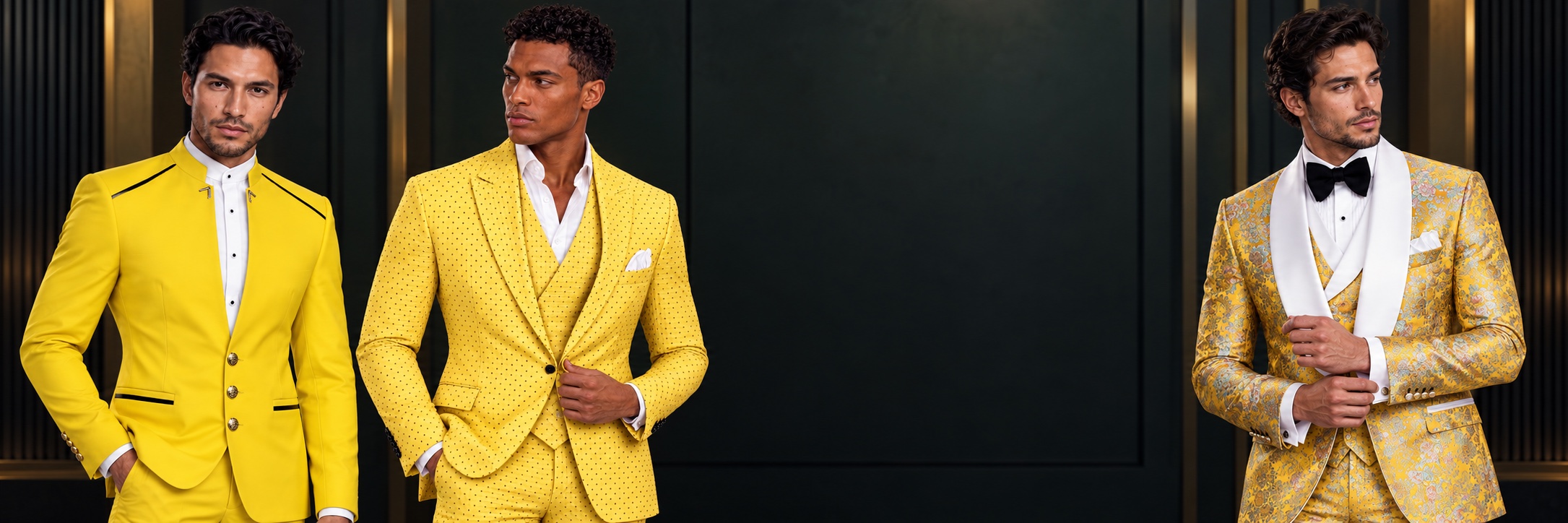 Yellow Prom Suits & Tuxedos — Mandarin Collar, Polka Dots and White-Trim Florals from Gentlemansguru.com Three models wearing yellow prom suits and tuxedos with a Mandarin collar, black polka dots and white-trim floral brocade from Gentlemansguru.com