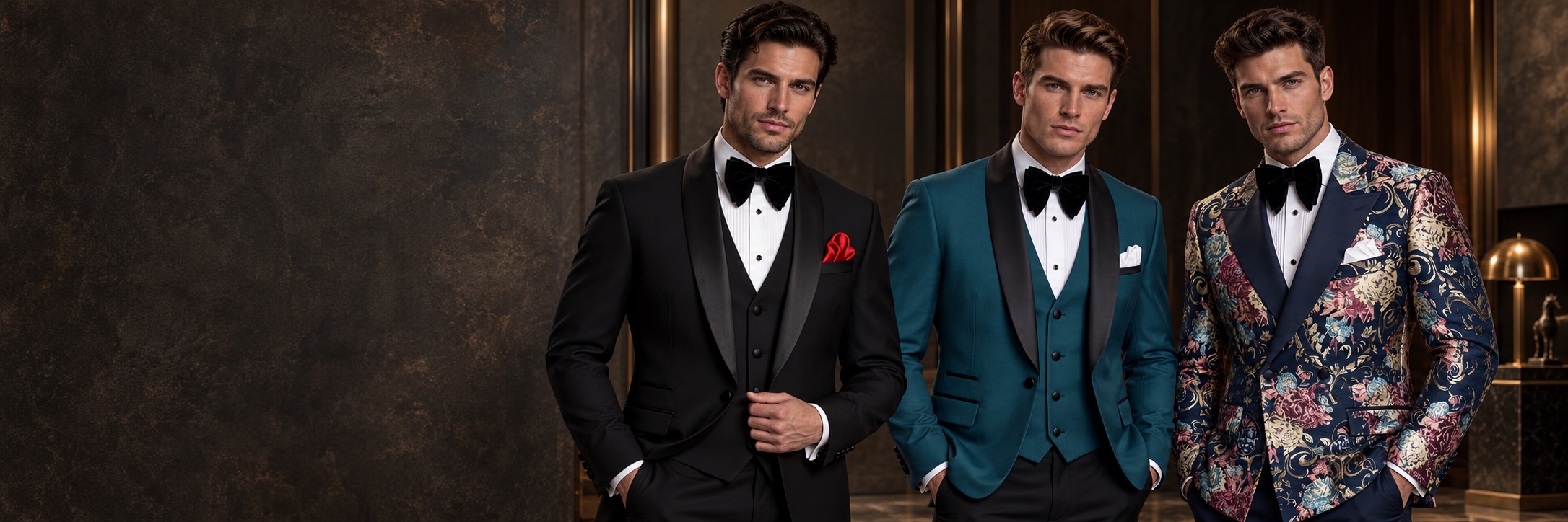 Three models wearing black, teal and navy floral custom suits from Gentleman’s Guru