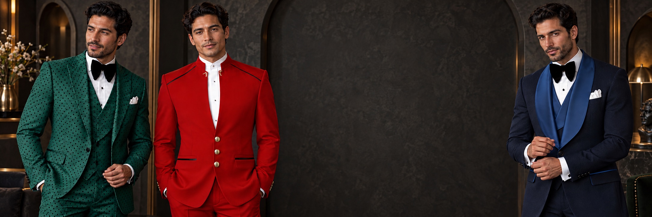 Three models wearing fancy suits in emerald polka dots, red Mandarin collar and navy diamond tuxedo designs from Gentlemansguru.com