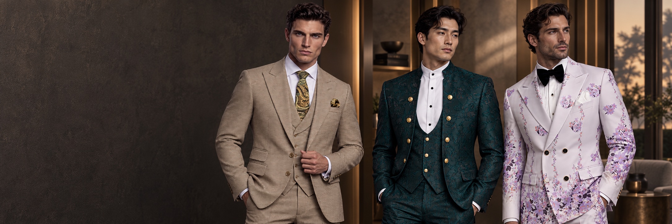 Men wearing fashion suits in dark teal mandarin-collar and lavender double-breasted floral designs from Gentlemansguru.com