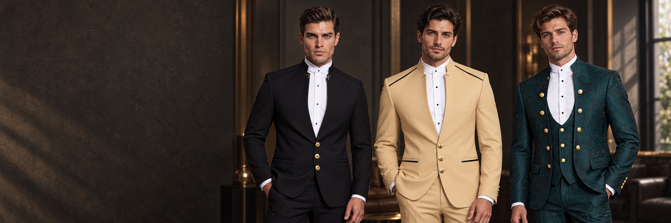 Three models wearing black, champagne and dark teal mandarin collar suits from Gentleman’s Guru