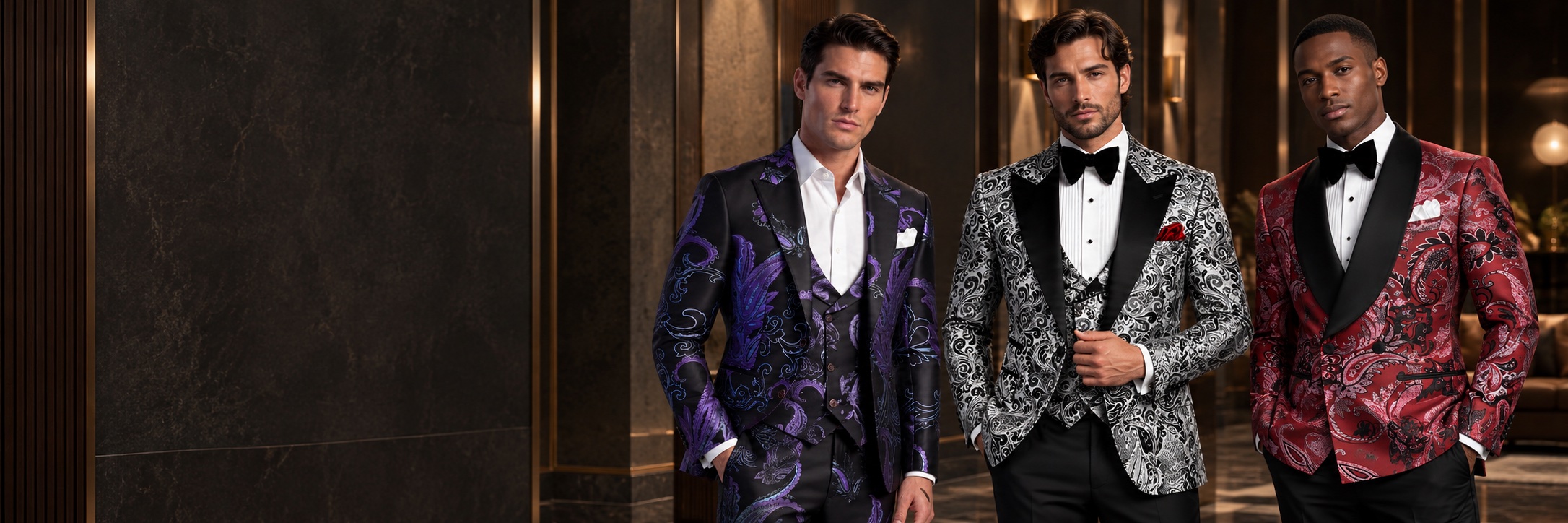 Three models wearing purple, grey and wine red paisley suits from Gentleman’s Guru