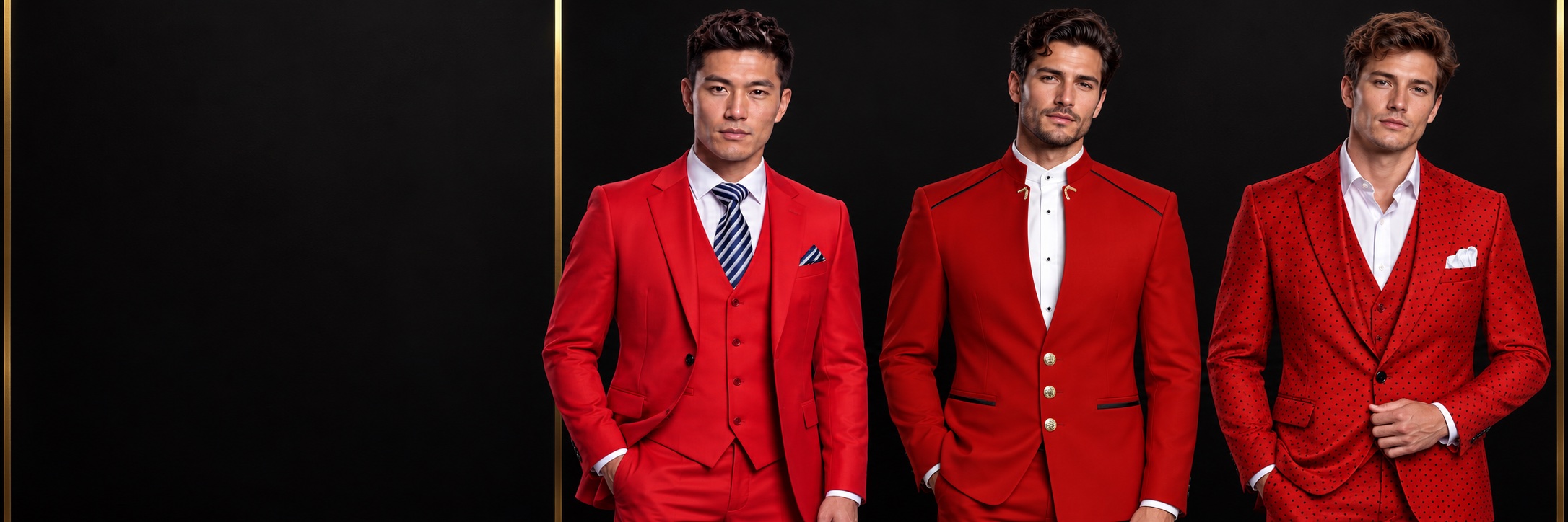 Red suits for men in plain mandarin collar and black polka dot designs against a dark black and gold background from Gentlemansguru.com