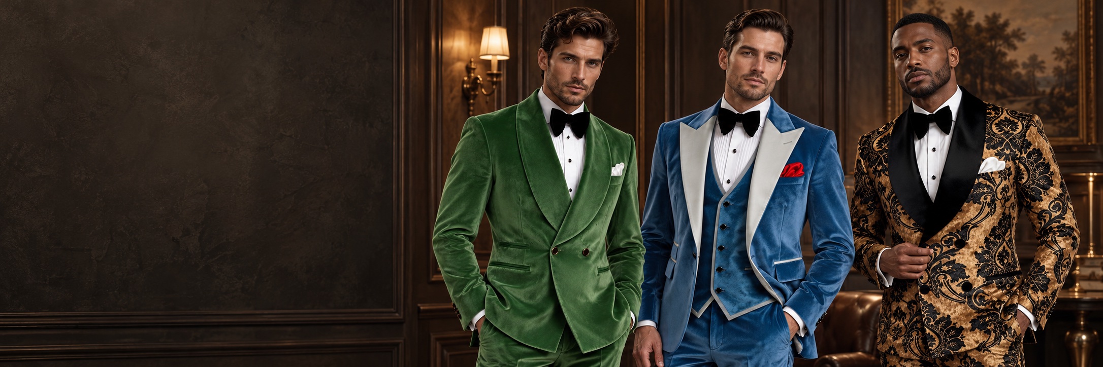 Three models wearing green, blue and black-and-gold velvet suits from Gentleman’s Guru