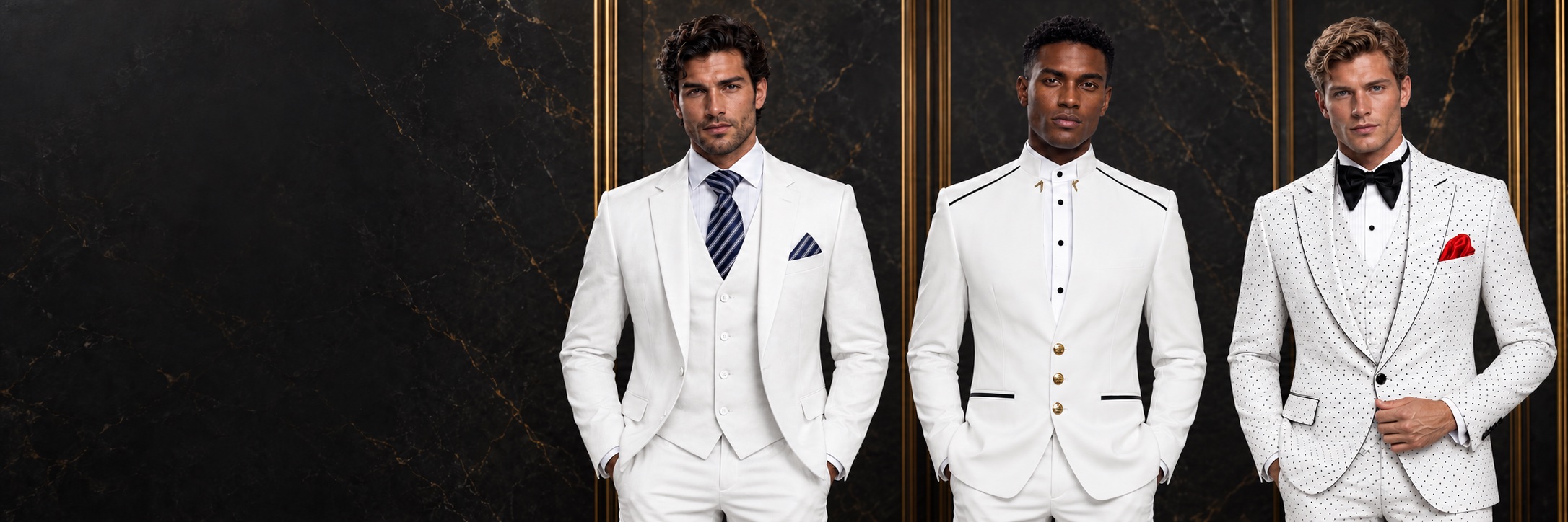 White suits for men with mandarin collars and black polka dot tailoring against dark marble and gold details from Gentlemansguru.com